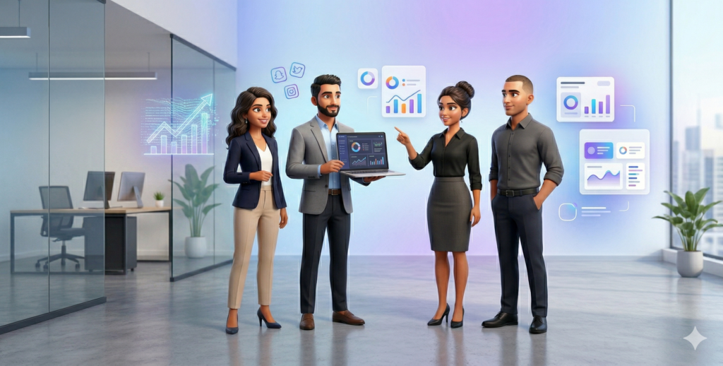 Full-Body 3D Digital Marketing Team Discussing SEO Analytics And Growth Strategy In Modern Office Representing The Best Digital Marketing Agency In Varanasi