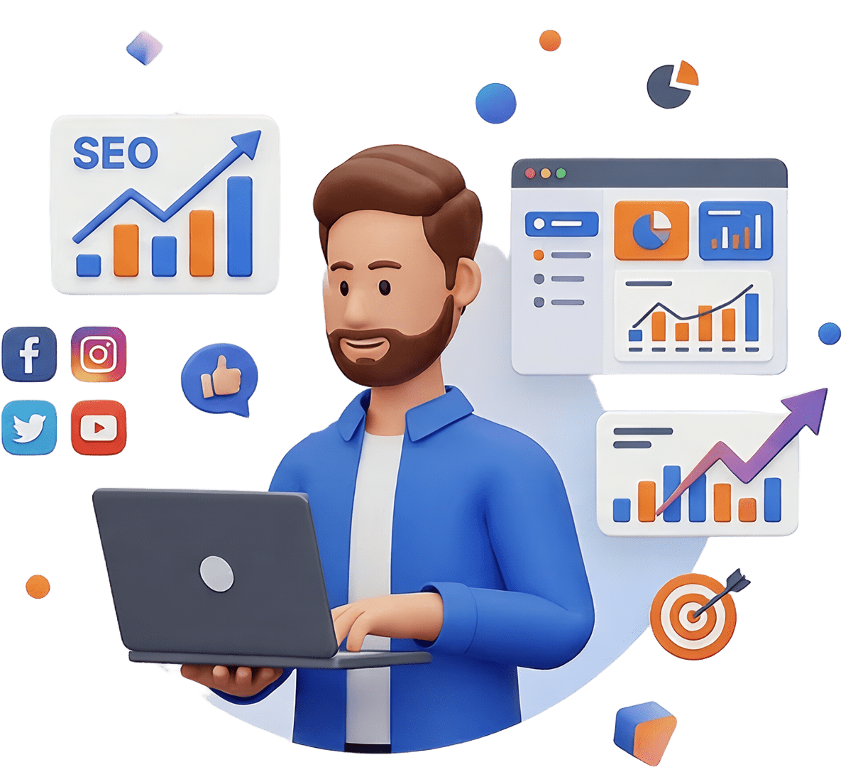 3D Illustration Of A Digital Marketing Expert Working On Laptop With SEO Analytics, Social Media Icons, And Growth Charts Representing The Best Digital Marketing Agency In Varanasi Generating Leads And Online Visibility